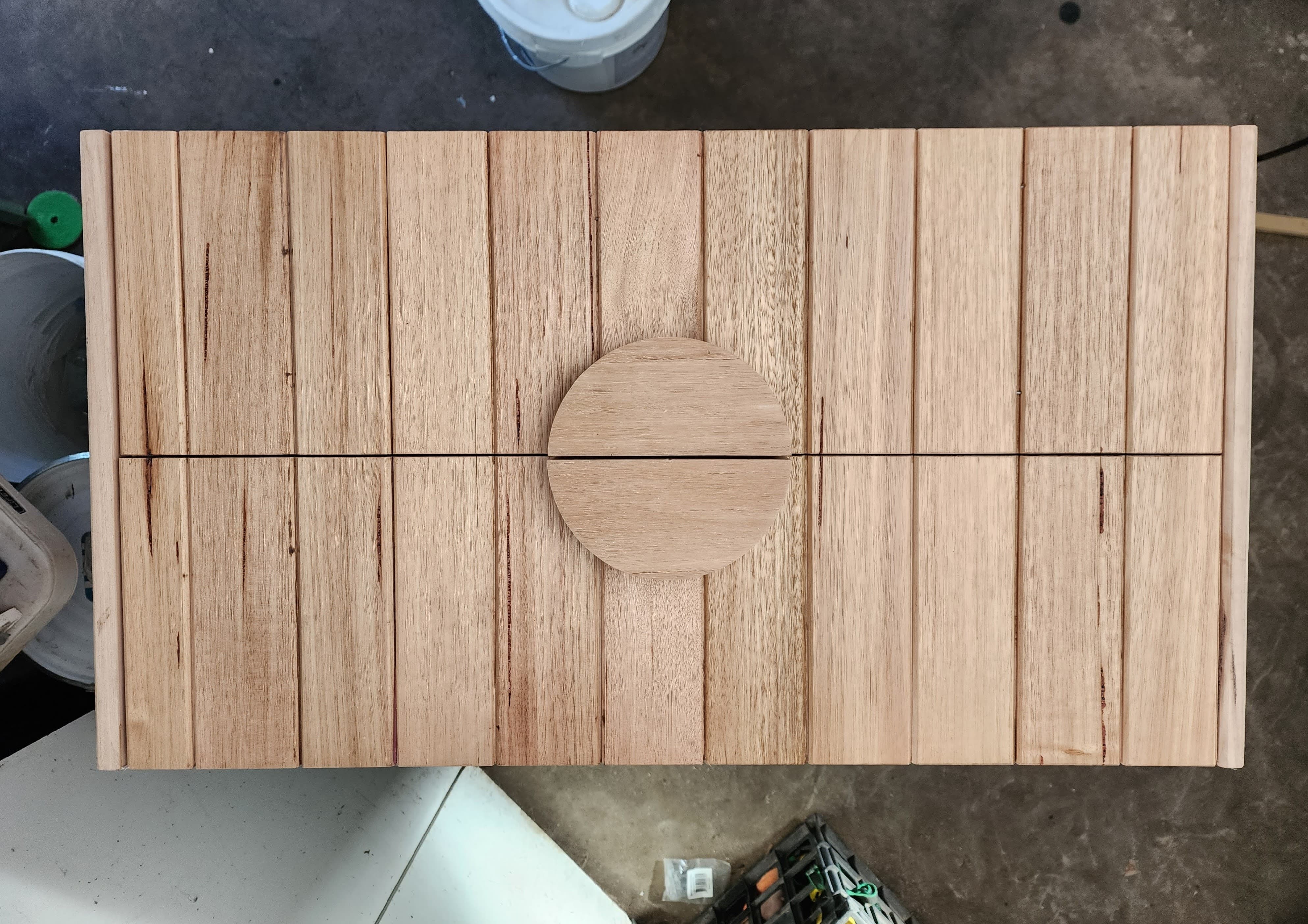 Tarrawanna vanity — recycled timber panels in workshop