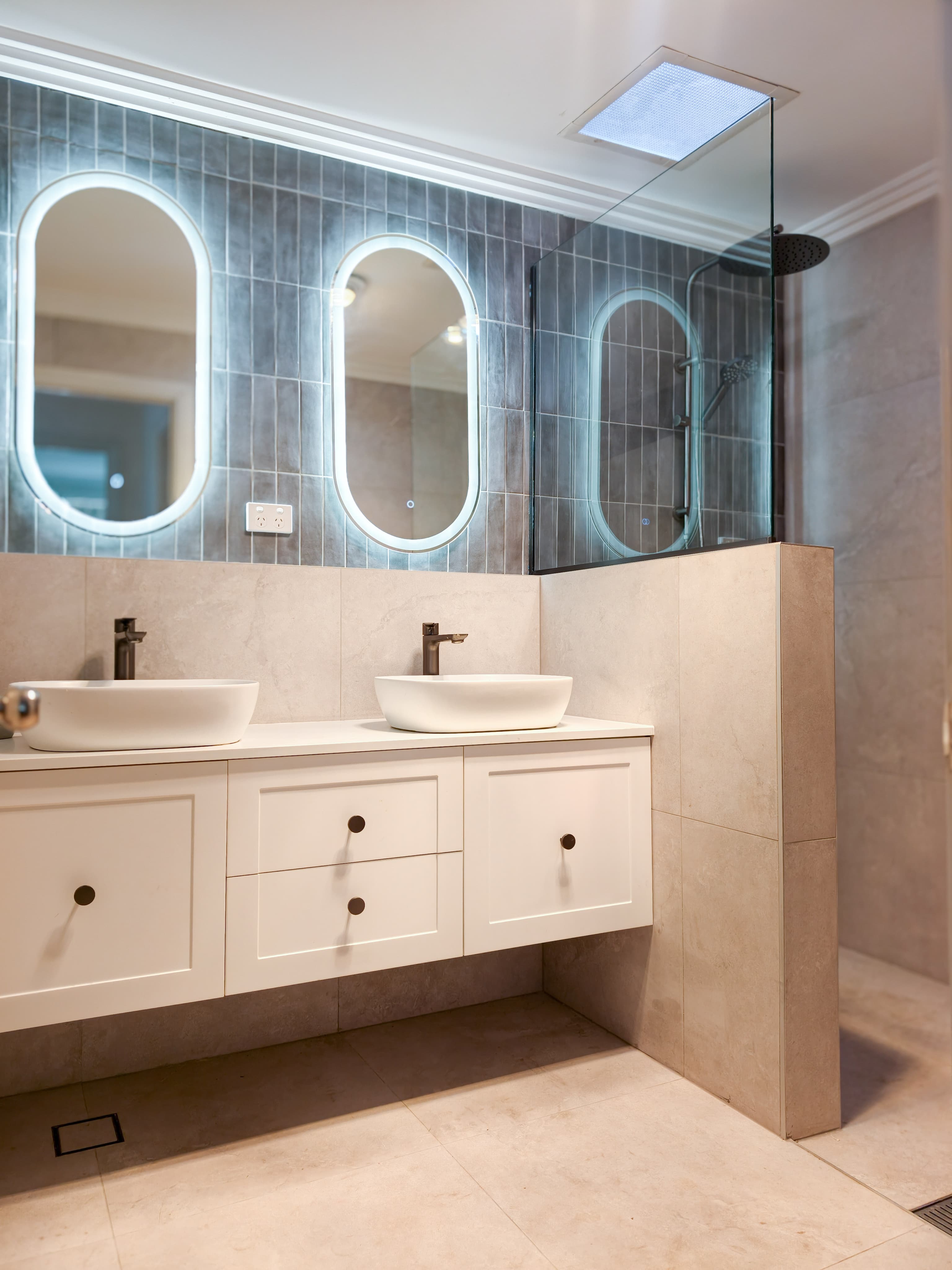 Balgownie bathroom renovation double vanity LED mirrors Wollongong