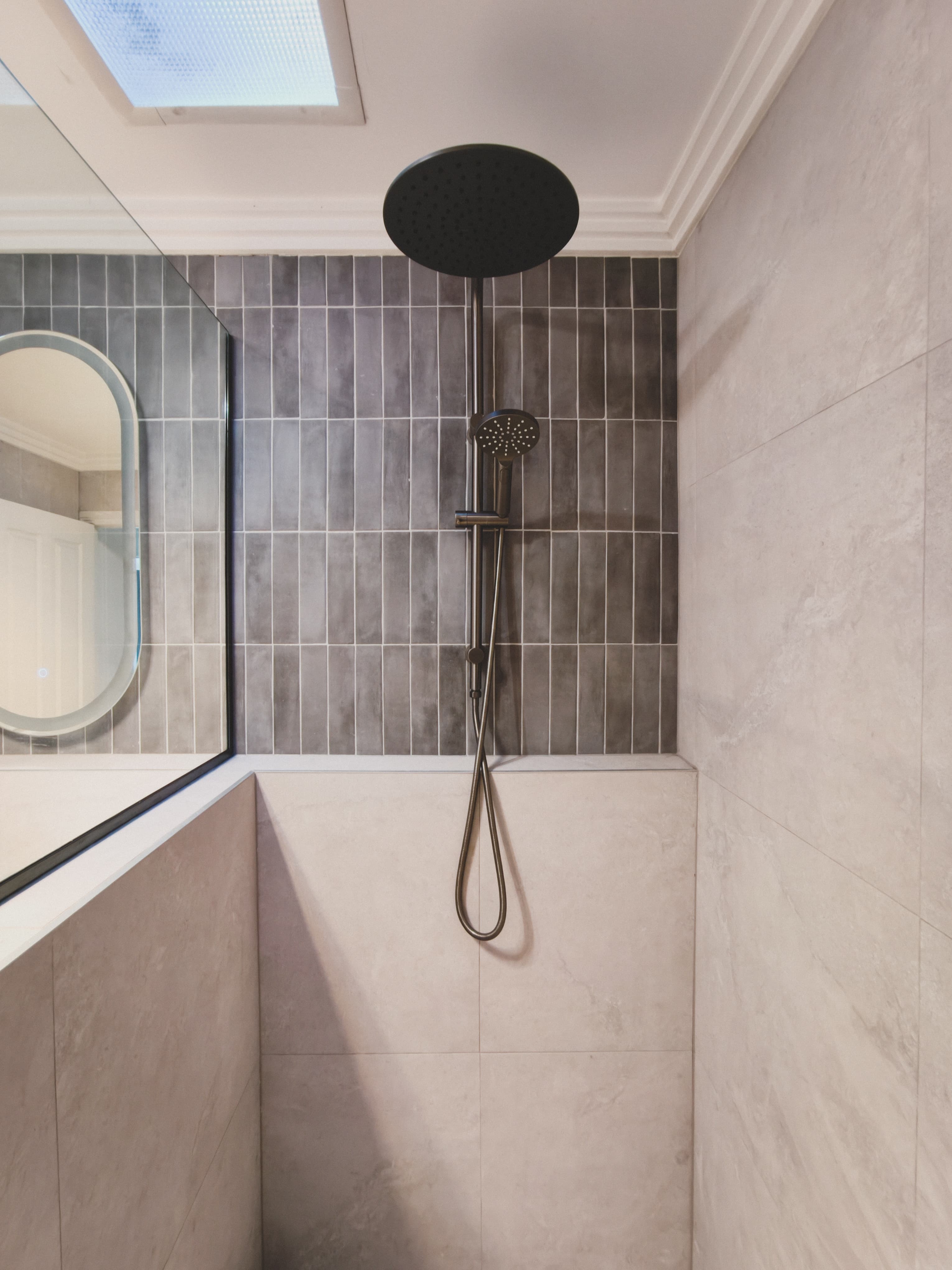 Balgownie walk-in shower handmade tiles black fittings renovation