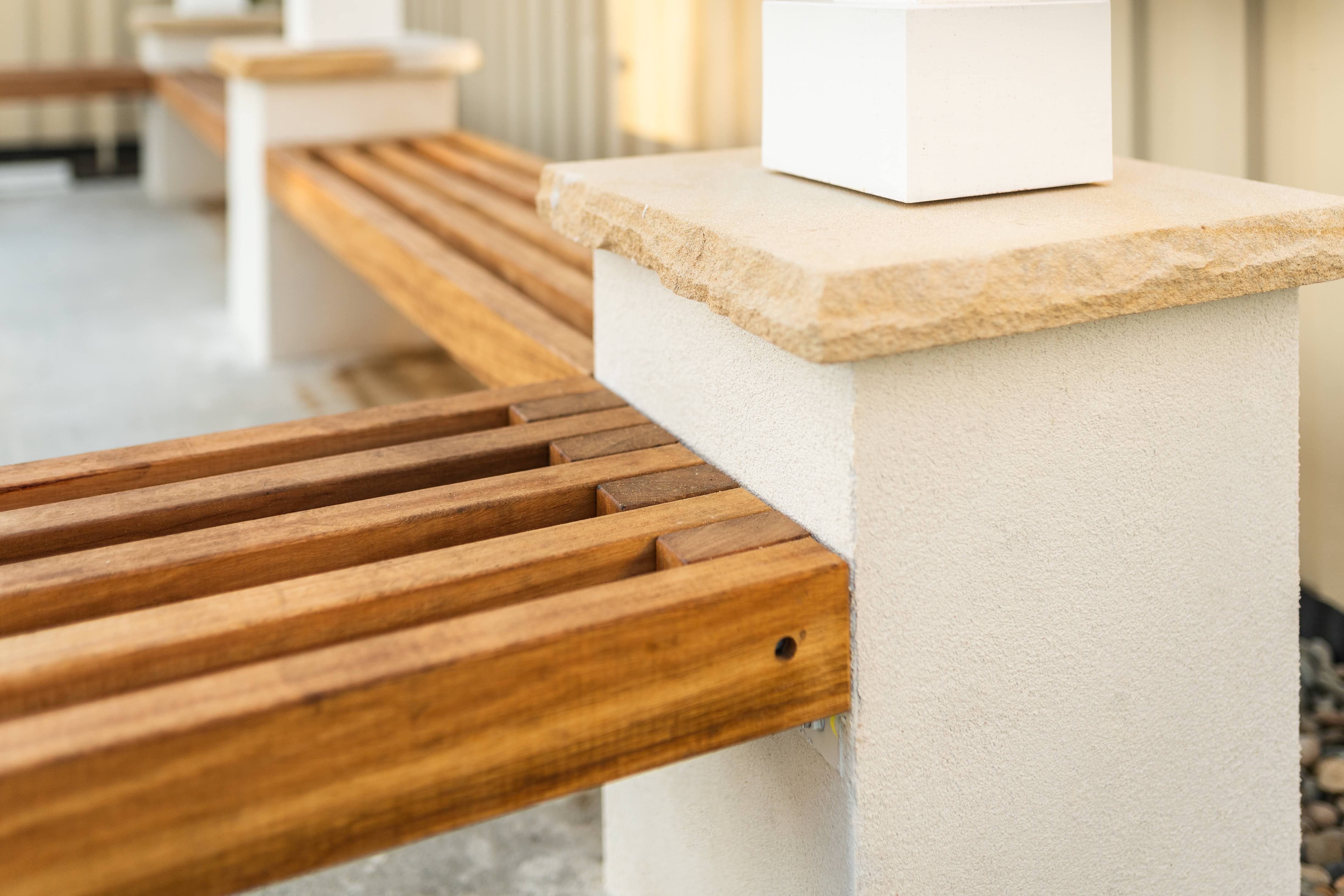 Bangor pergola — hardwood bench seat and stone capping detail