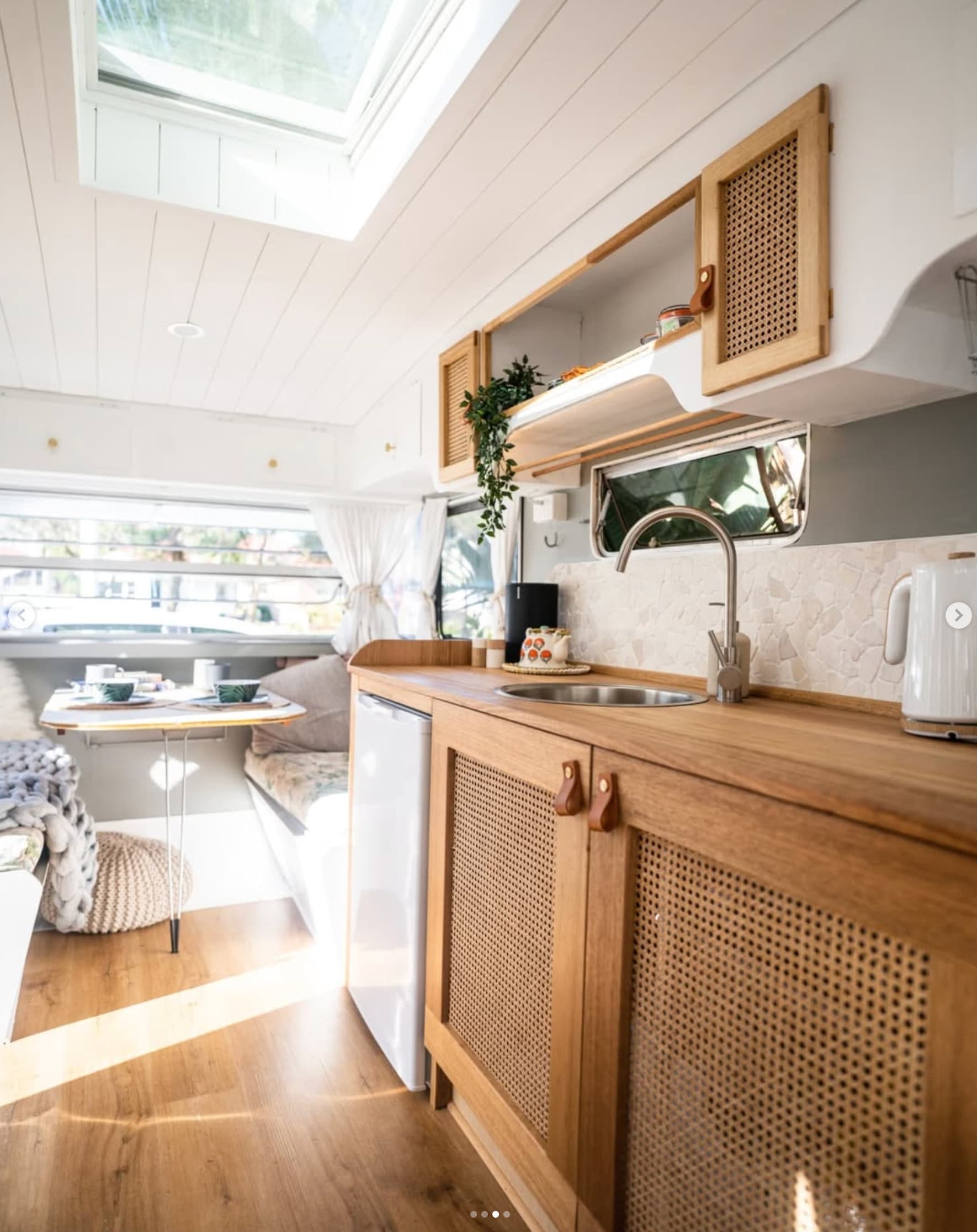 Viscount caravan full interior fitout custom Tasmanian oak cabinetry rattan Wollongong VIKING Design Build