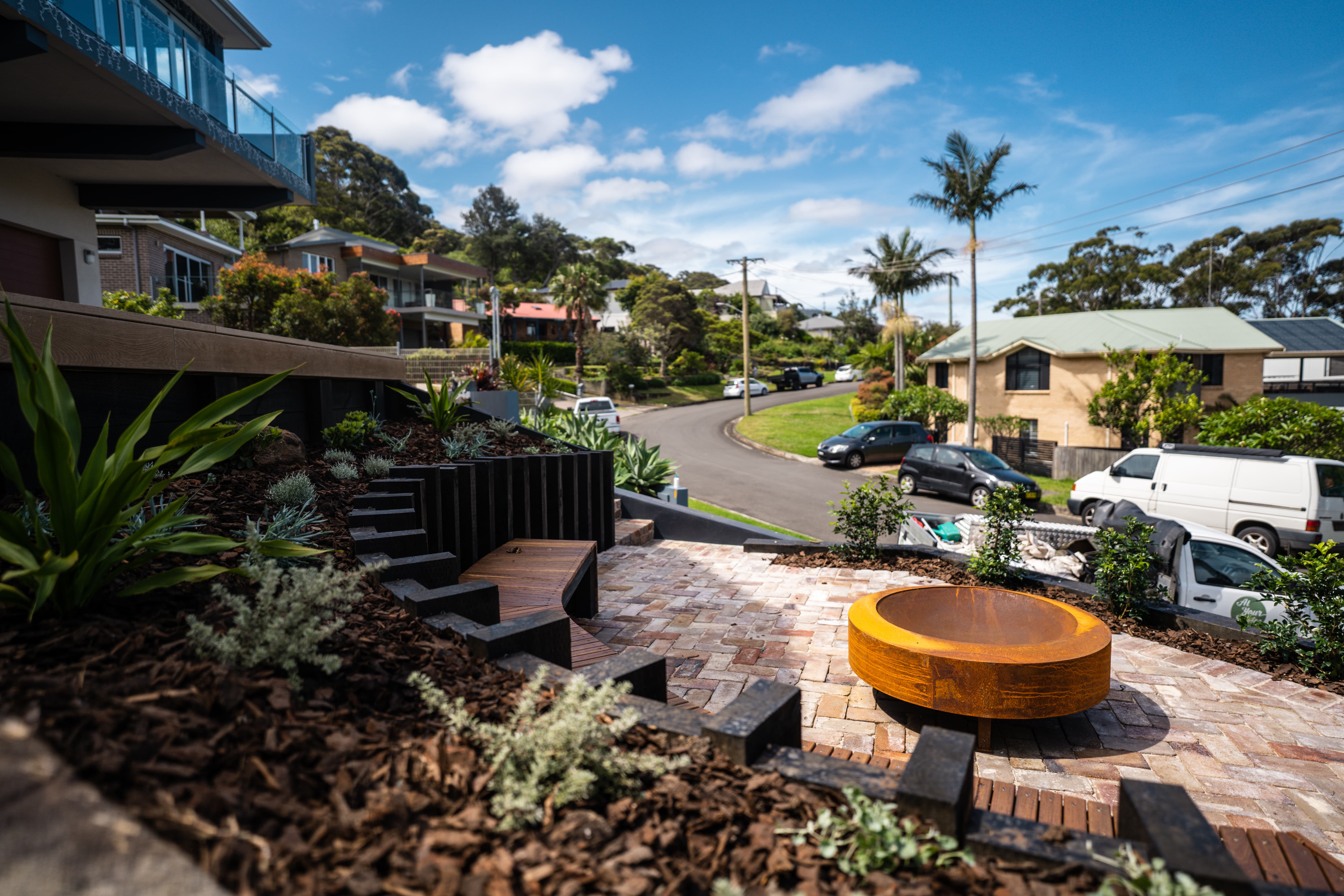 Coledale fire pit terrace landscaping Illawarra VIKING Design Build