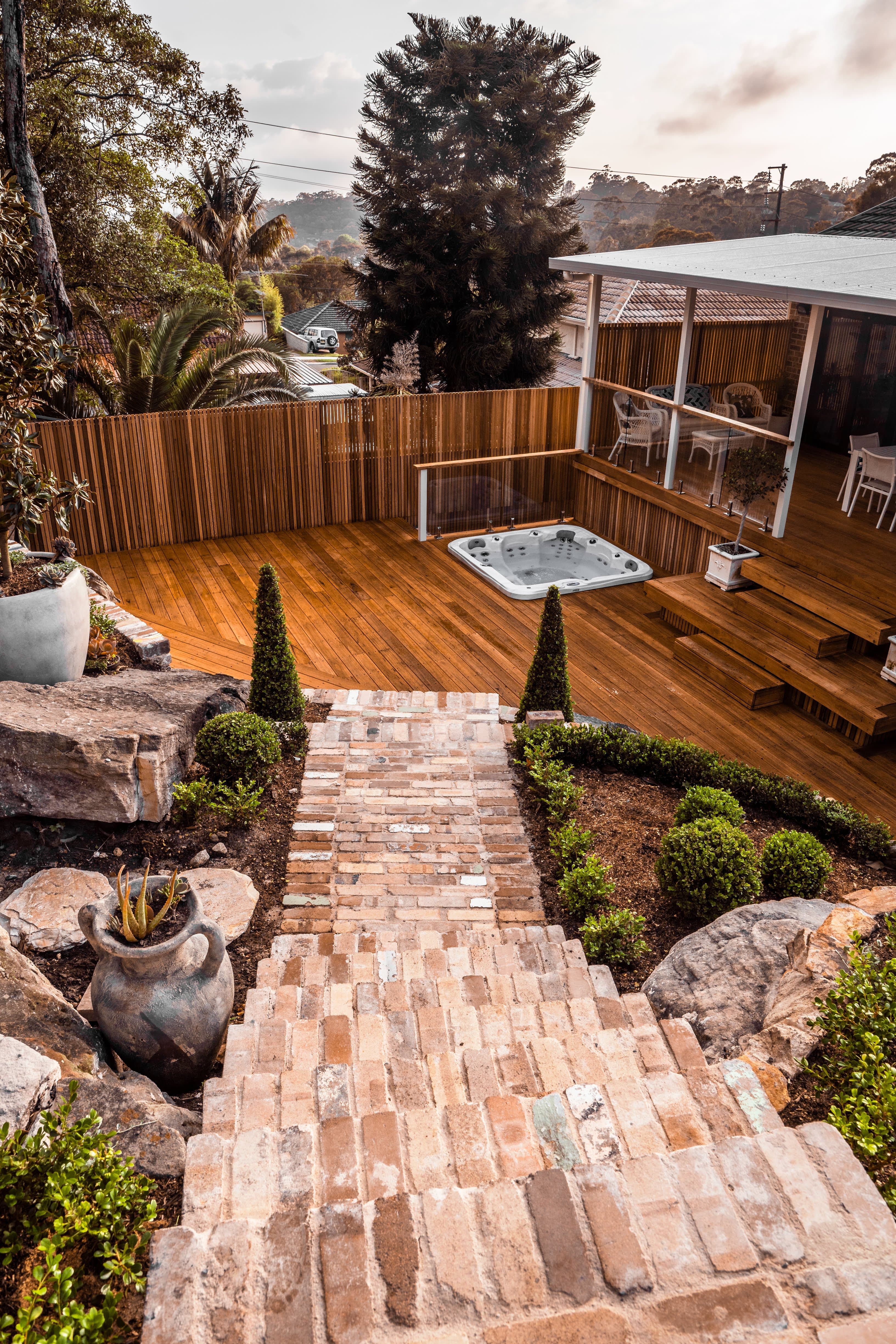 Engadine — recycled brick path and hardwood deck