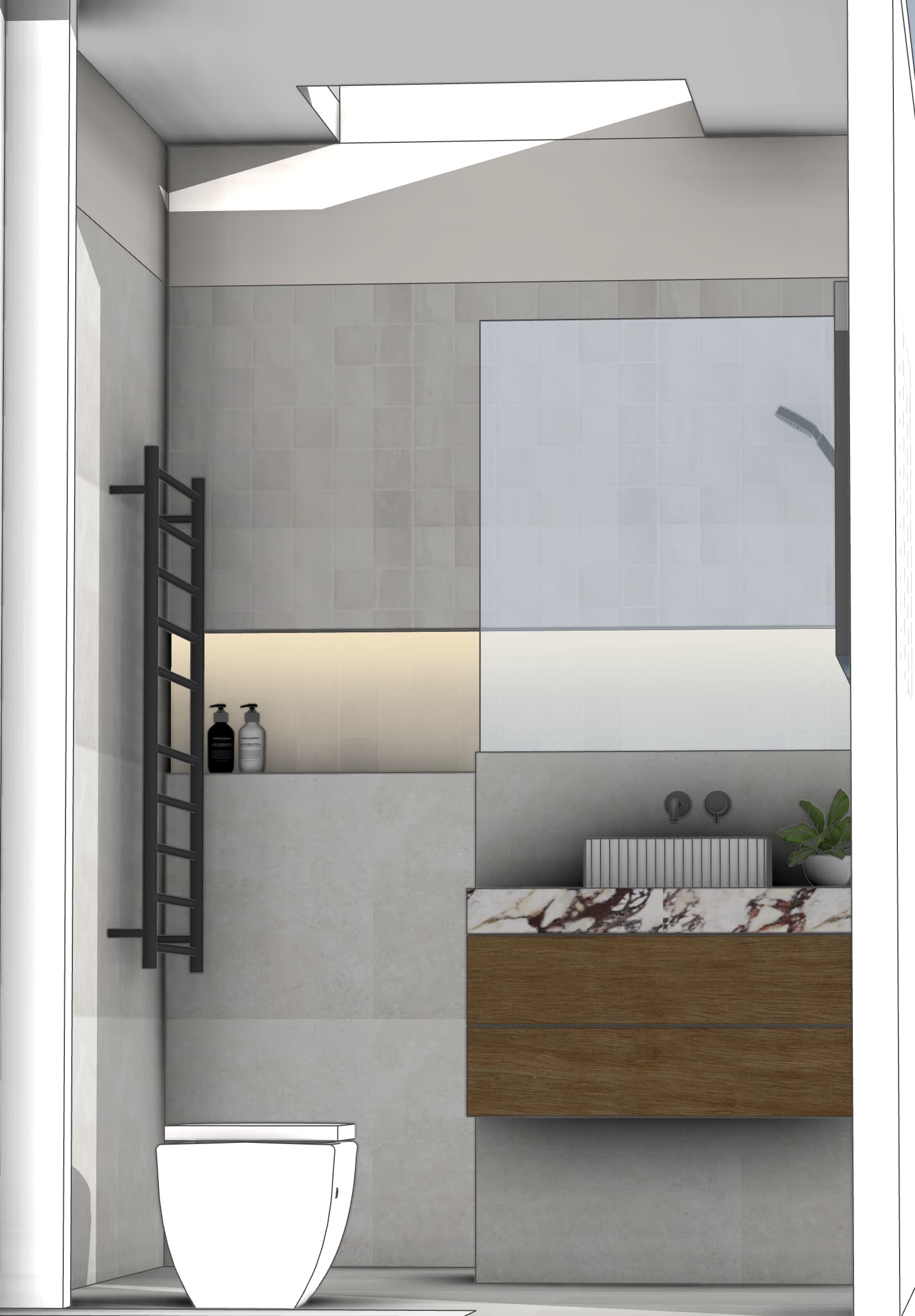 Ensuite bathroom 3D design render by VIKING Design + Build Wollongong