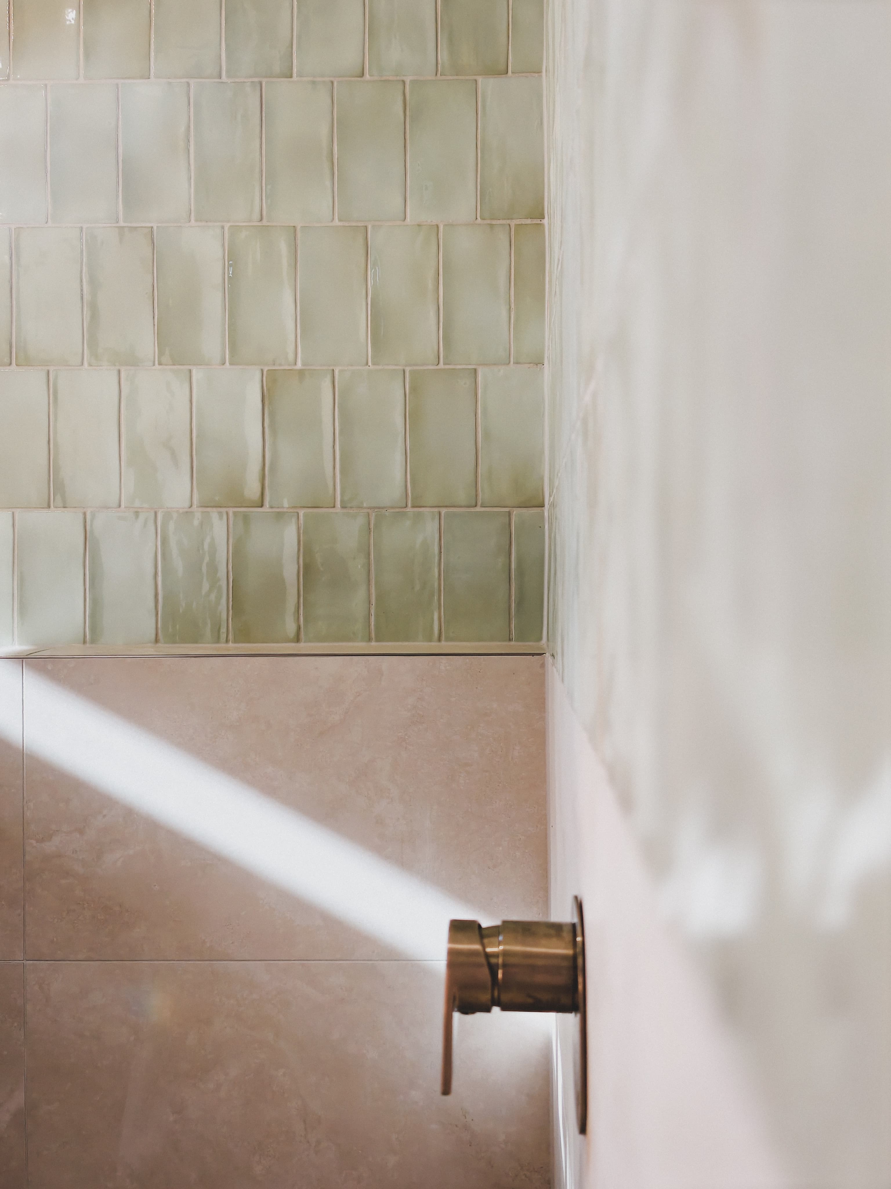 Fairy Meadow bathroom handmade tiles brass fittings detail