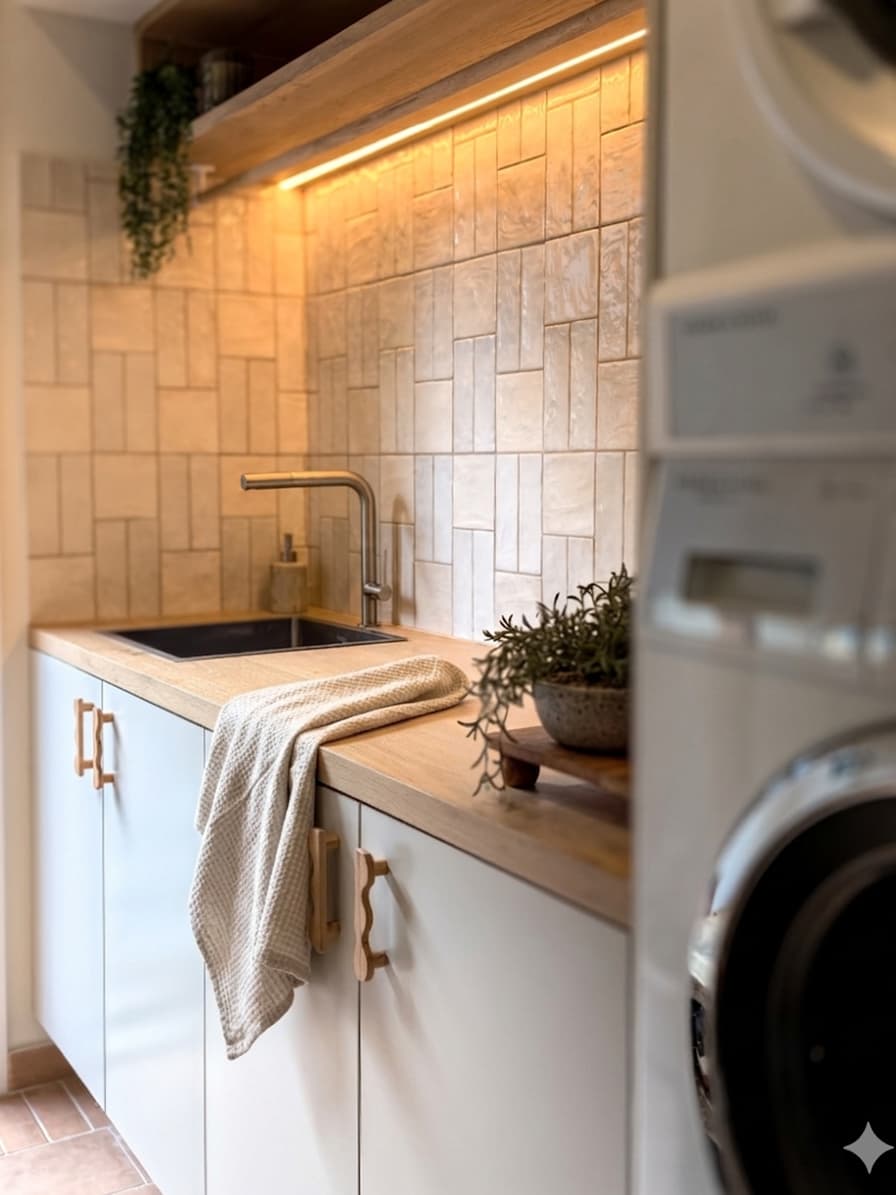 Tarrawanna laundry — wide view with oak benchtop and terracotta floor tile