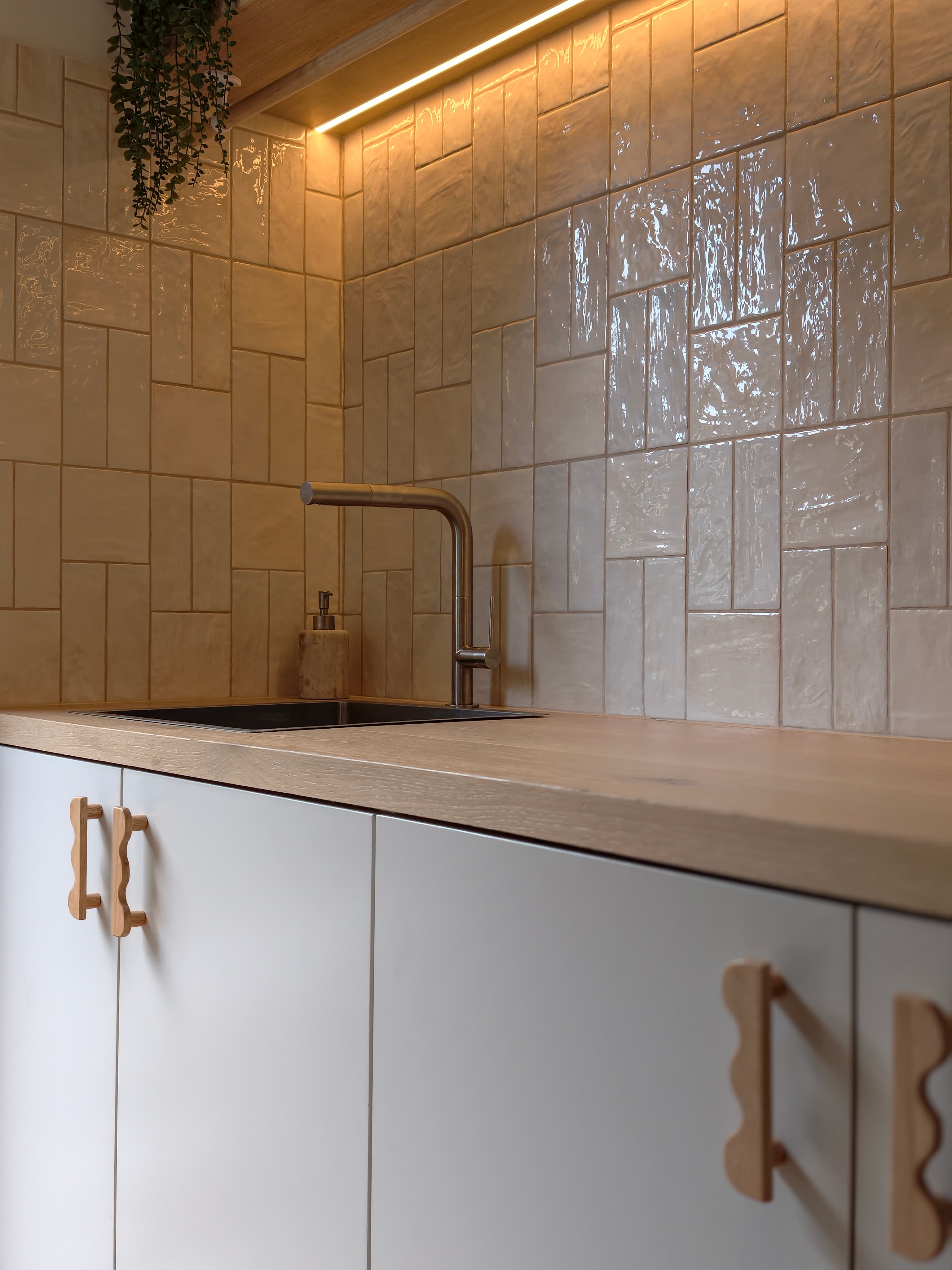 Tarrawanna laundry — Zellige splashback and timber handles